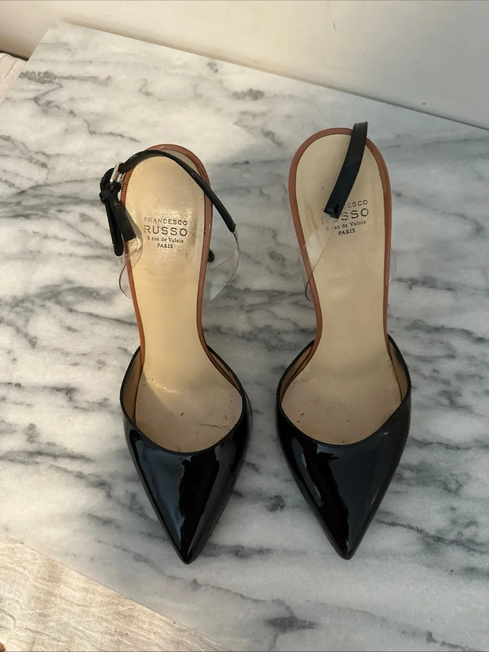 Francesco Russo Black Patent Pointed-Toe Slingback Heels Sz 38 Italy